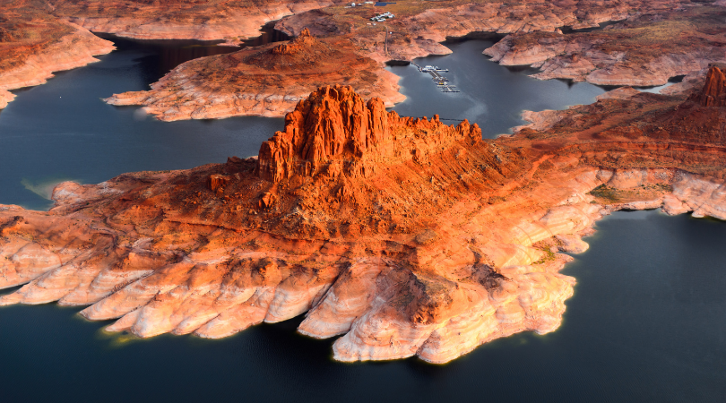 view of lake powell in moab along the colorado river from the air