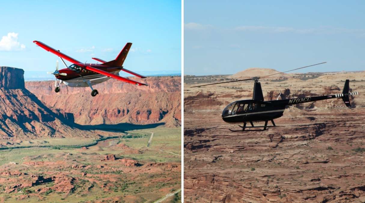 diptych of airplane and helicopter flying