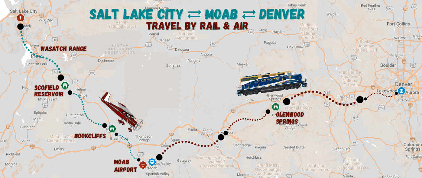 salt lake city to denver map by rail and air