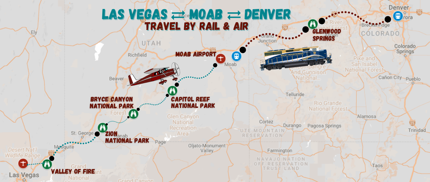 las vegas to moab to denver by rail and air map