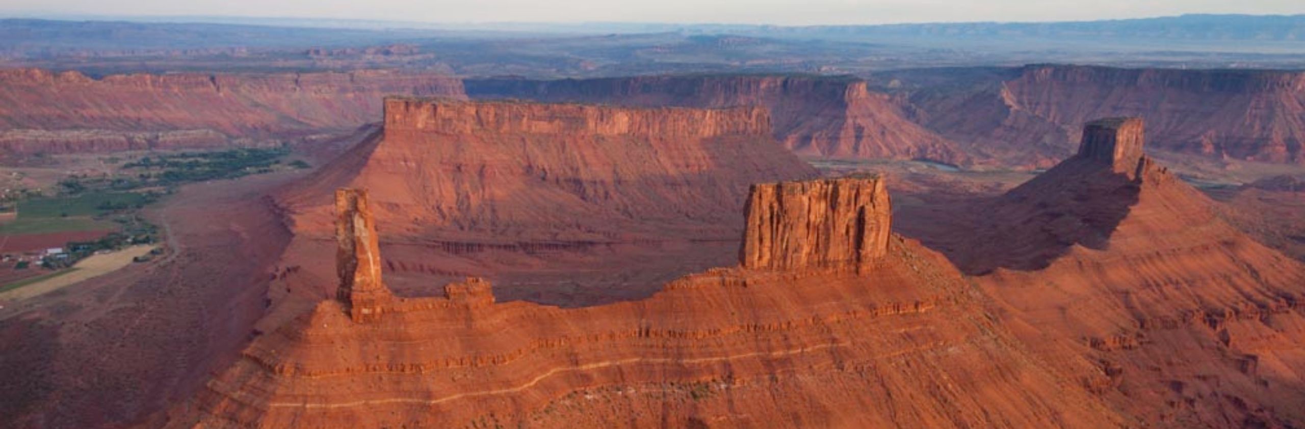 aerial view of red rocky towers in canyonlands national park