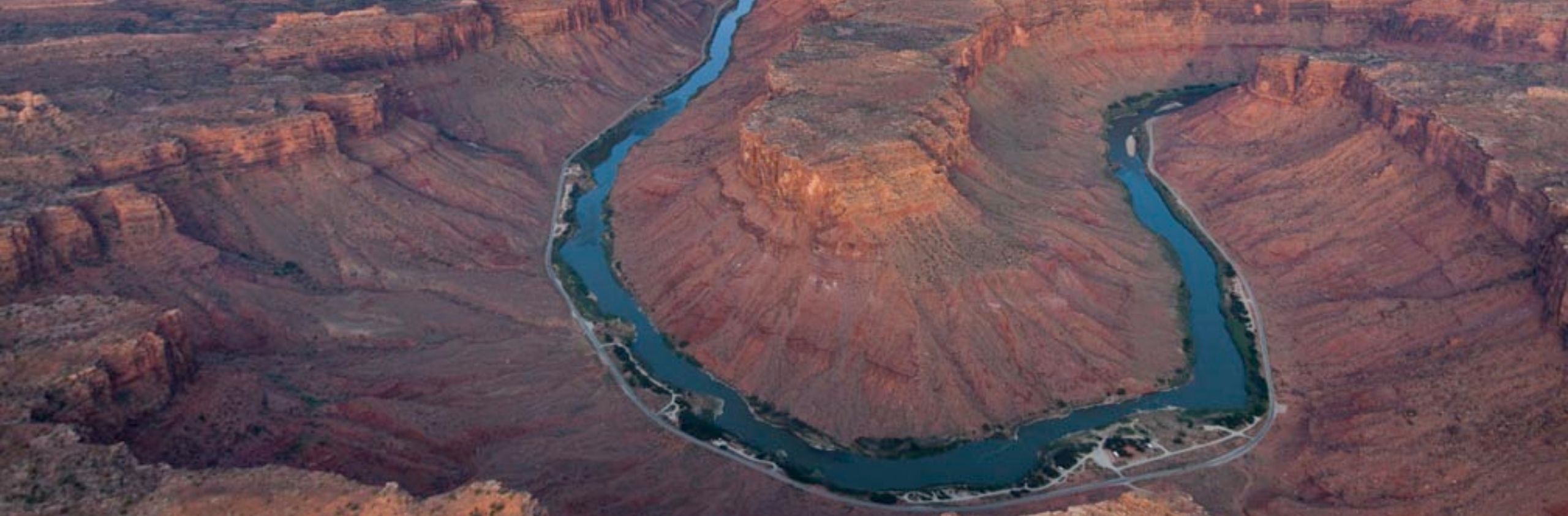 aerial view of river flowing through canyonlands