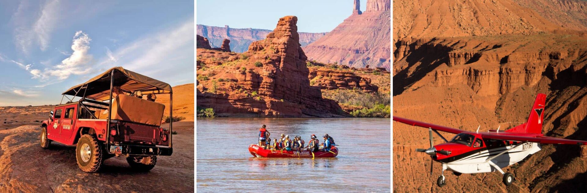 adventures in moab by jeep, whitewater raft, and aircraft