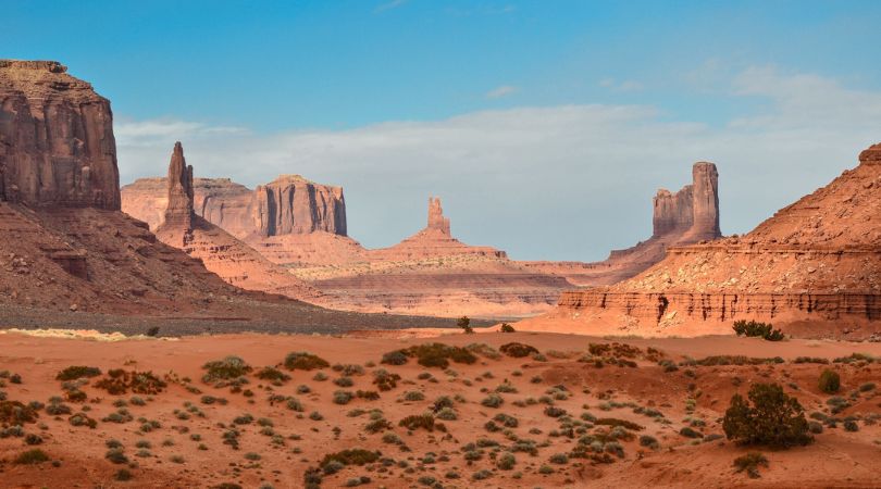 wide view of monument valley on a blue sky day