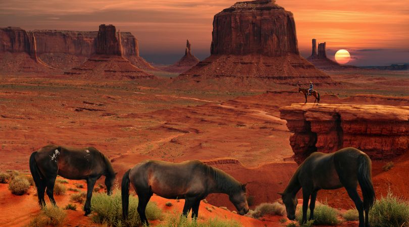 monument valley at sunset with horses grazing