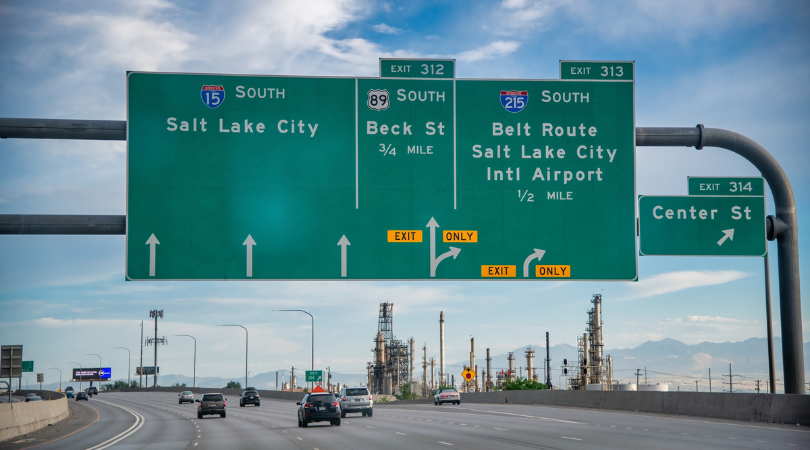 interstate sign for traveling from Salt Lake City to Moab