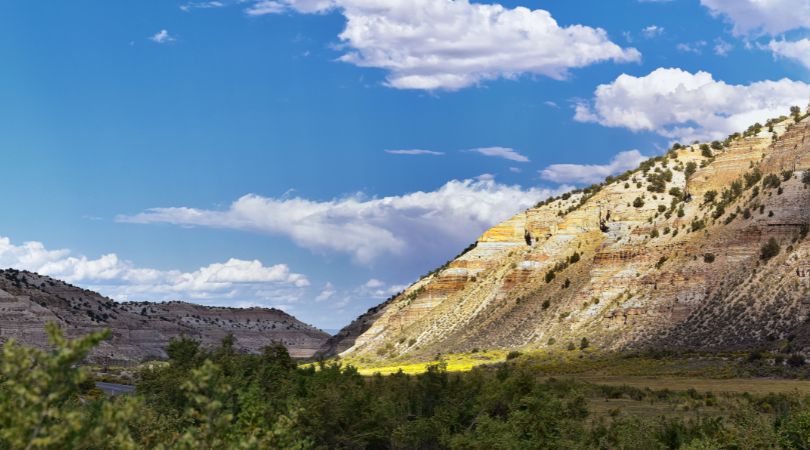 looking down nine mile canyon on a blue-sky day near Moab