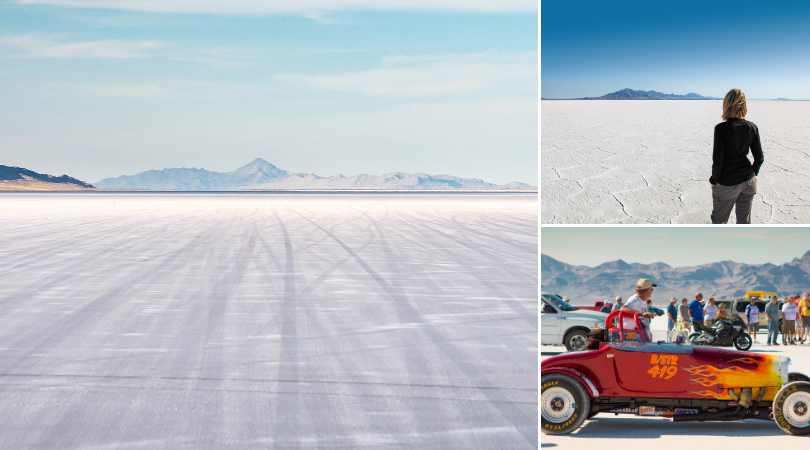 photos of Bonneville salt flats, including a photo of a car with flames on its during speed week