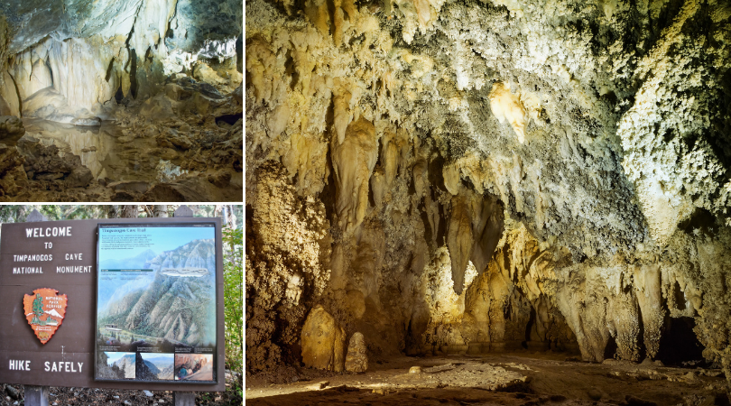 3 photos of the timpanogos cave national monument including the national parks system sign