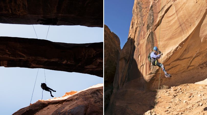 side-by-side images of people canyoneering and rappelling