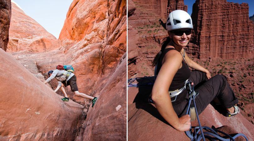 side-by-side images of people rock climbing in moab