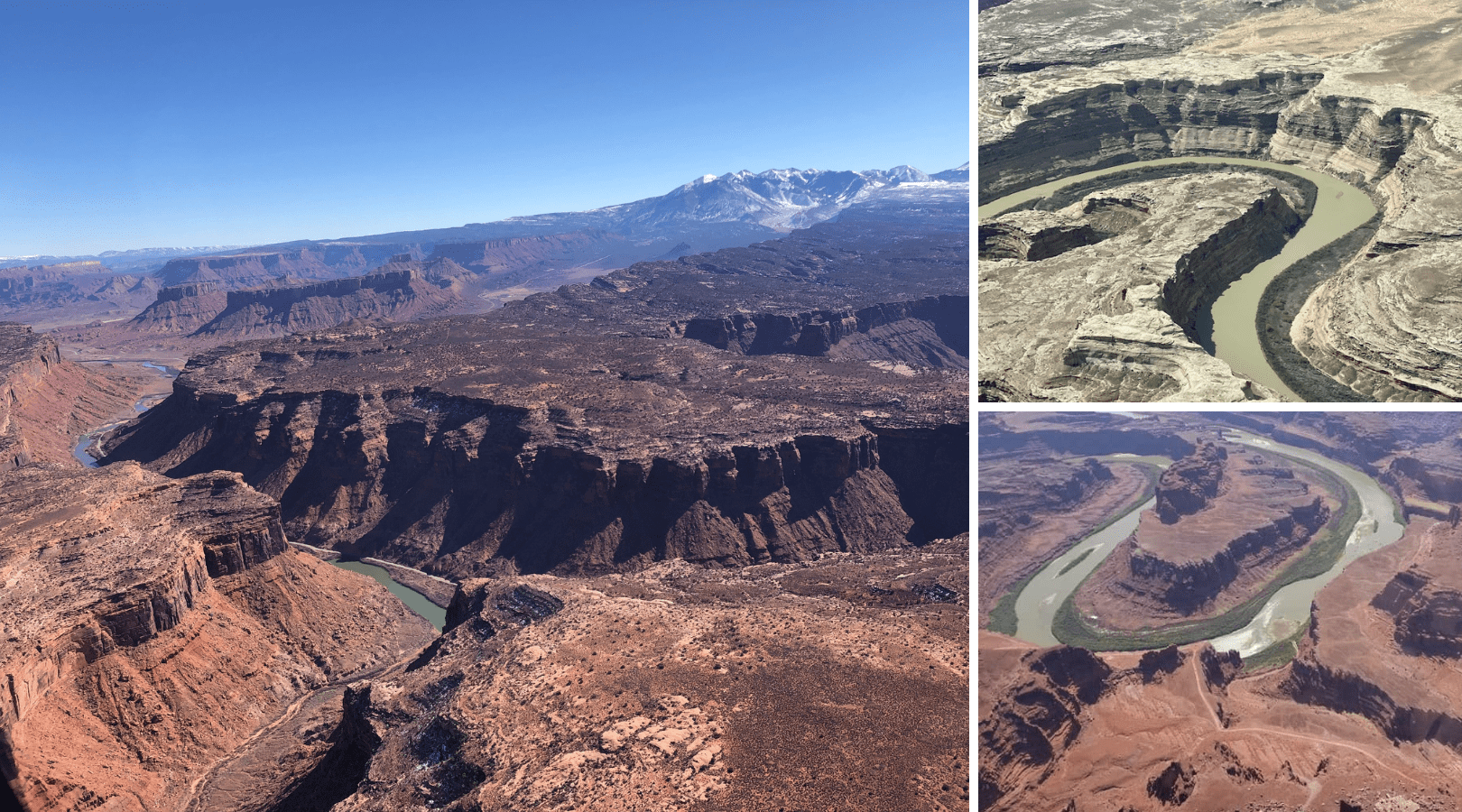 3 photos of aerial views of the colorado and green rivers form an airplane during river shuttle service