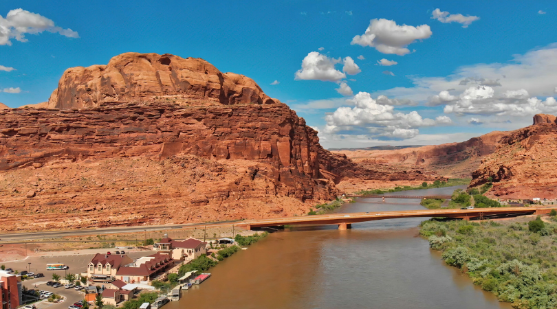 aerial view of roads crossing the river in moab